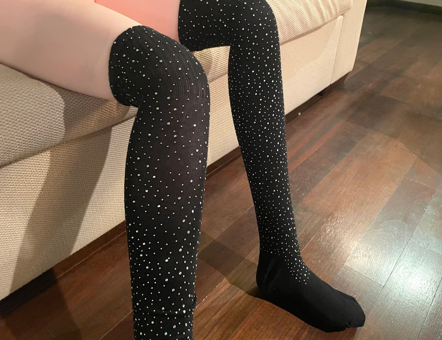 These cute knee high socks with Rhinestone comes in black and red. Perfect for Saturday night out or date night. Size S-M
