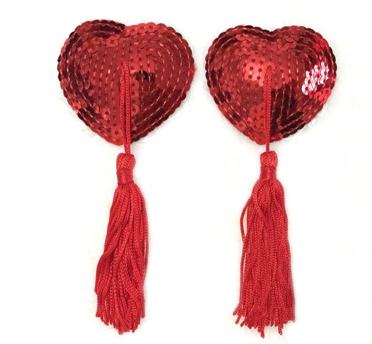 Two pair black and red heart shape tassel nipple cover