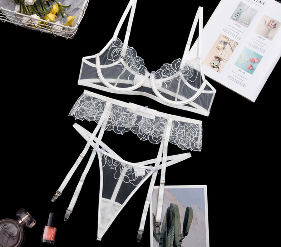 White meshed rose pattern design lingerie set with matching stockings as bonus